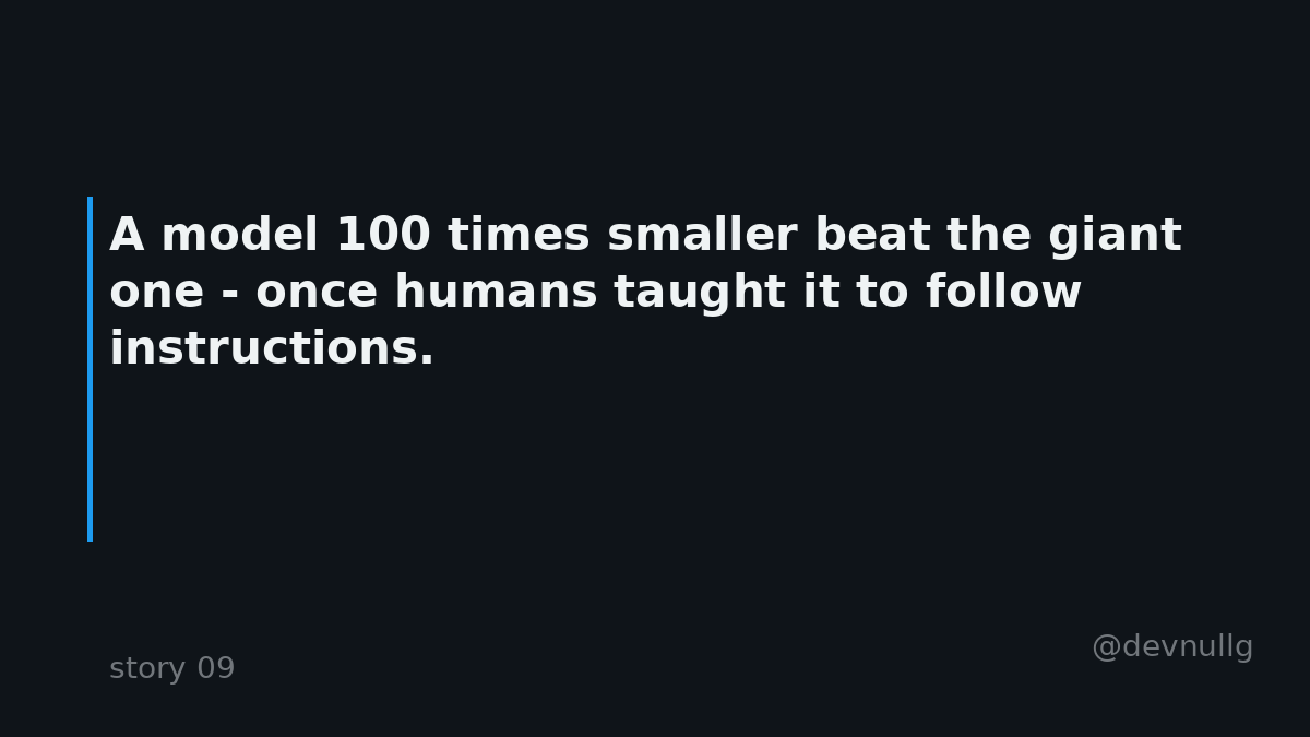 devnullg's tweet photo. A model 100 times smaller beat the giant one - once humans taught it to follow instructions.

That one result quietly decided how every AI product works today.

January 2022. OpenAI publishes the InstructGPT paper.

Human labelers preferred answers from a 1.3-billion-parameter model over GPT-3 at 175 billion - despite the size gap. The trick wasn't scale. It was three steps: fine-tune on human examples, train a reward model on human preferences, optimize against it.

Ten months later ChatGPT launched - GPT-3.5 plus exactly this recipe.

Everyone remembers the launch. Almost nobody remembers the result that made it possible.

Alignment wasn't a safety tax. It turned out to be the product.

Small and obedient beat big and raw. Still true.