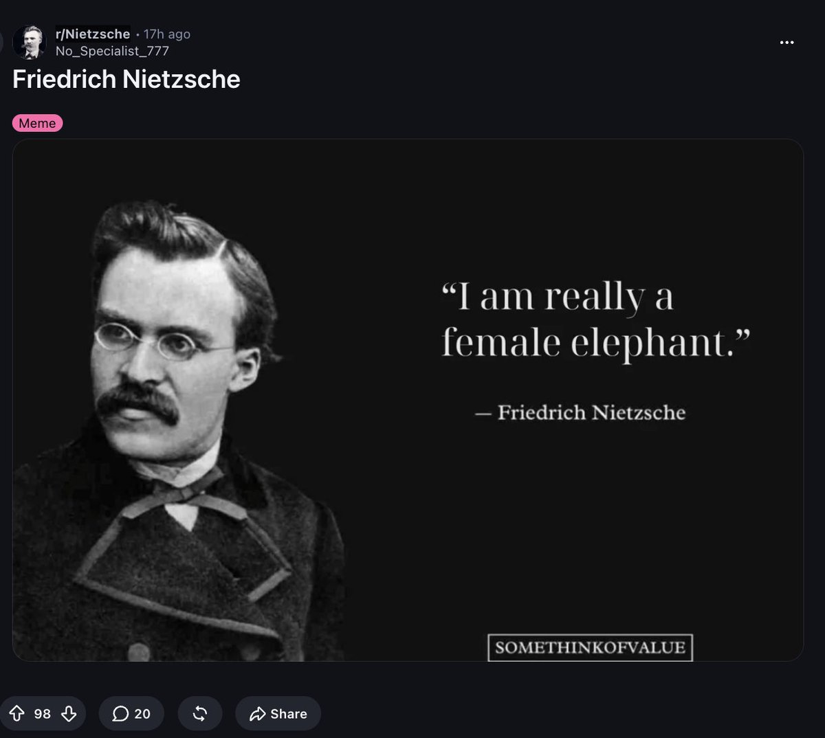 letsgetdevvy's tweet photo. this is a GOD Nietzschean narra

reddit post in r/Nietzsche is going viral of a quote by Nietzsche saying "I am really a female elephant"

theres also other posts about this and its all over google

https://t.co/Oe3dmGtZD8

https://t.co/w0qL46Kc7V https://t.co/y0aX2ZyAkh