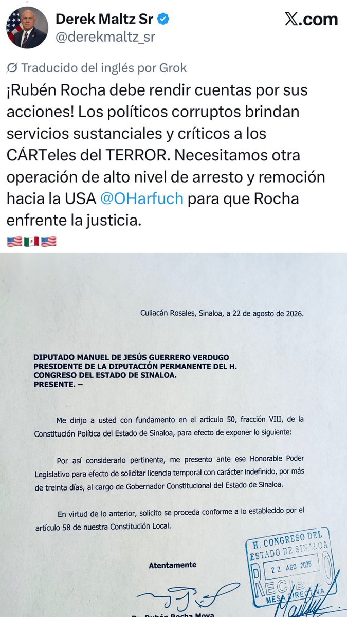 ArturoVill7's tweet photo. Justo después de que el exdirector de la DEA, Derek Maltz, le pidiera a Omar García Harfuch que Rubén Rocha Moya rindiera cuentas ante Estados Unidos por su presunta colusión con los cárteles narcoterroristas, el gobernador de Sinaloa pidió licencia.

Game Over. Rocha sabe que vienen por él.

La presión con la VISA de Andy parece haber rendido frutos. El mensaje desde Estados Unidos fue claro y, al final, en Morena entendieron que seguir protegiendo a Rocha podía salirles demasiado caro.

Hoy prácticamente todo Morena le ha dado la espalda. Rocha se quedó solo.