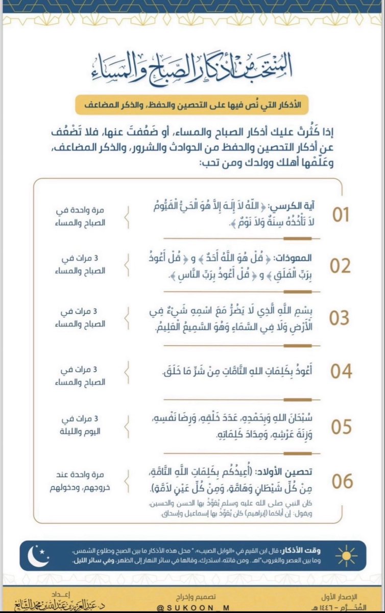aamshaya's tweet photo. (حصنوا الأولاد بالأوراد)
إذا أراد أن يخرج أولادك أو من تحب من عندك، أو دخلوا عليك، فحصنهم بالورد، وقل:
(أُعيذكم بكلمات الله التَّامة، من كل شيطان، وهامَّة، ومن كل عين لامَّة).
-من دون نفث، أو قربٍ منهم، فهو دعاء بالحفظ والوقاية.
-فالشرور تأتي من هذه الجهات الثلاث:
١-الشياطين.
٢-الهوام.
٣-الإنسان (عين لامة).
-كان ﷺ يعوذ الحسن والحسين، ويقول:
"إن أباكما كان يعوذ بها إسماعيل وإسحاق:
أعيذكما بكلمات الله التامة من كل شيطان وهامة، ومن كل عين لامة".
#صحيح_البخاري
وتحصنوا -حرسكم الله- من شر طوارق الليل والنهار بالأذكار.