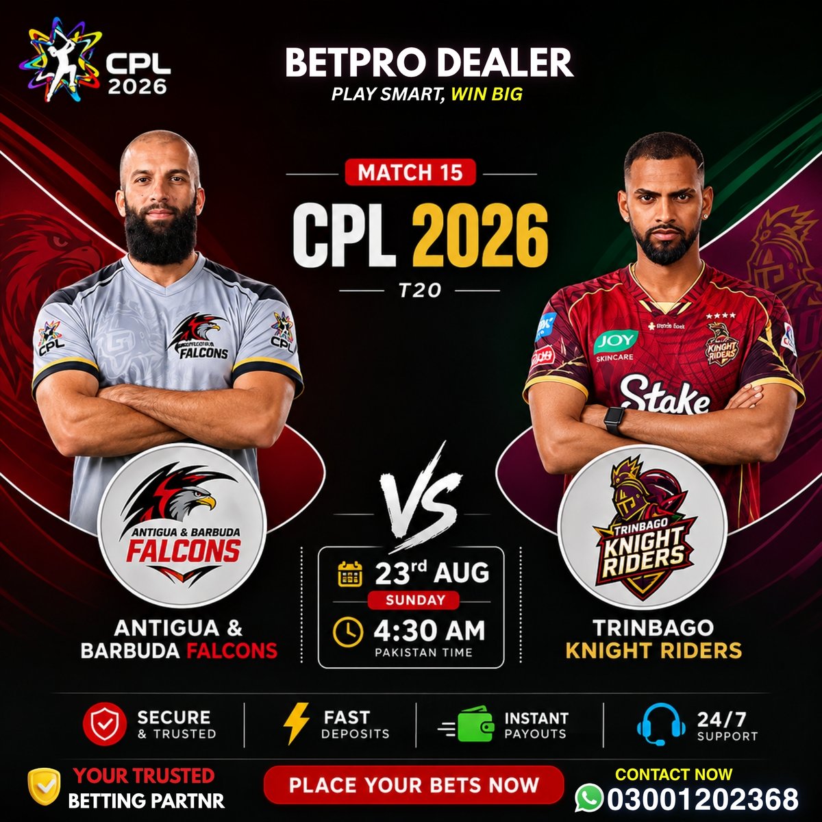Betprowallets's tweet photo. 📞 WhatsApp for ID: https://t.co/bD6wVthChE
Antigua &amp; Barbuda Falcons 🆚 Guyana Amazon Warriors — get ready 

📅 23 August 2026
🕒 4:00 AM PKT
📍 Sir Vivian Richards Stadium, North Sound, Antigua
📲 Download App Now

https://t.co/E1ie3hbKES
#BetPro #BetProDealer #CPL2026 https://t.co/LCSvi5U5A9