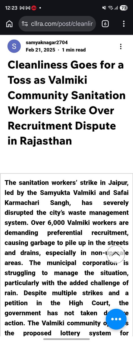sidharthraina's tweet photo. Ragpickers are mostly Muslims in 3 cities i have worked in. 

Sanitation workers are not of a specific caste. Pls quote data sources. 

Recently during a recruitment drive for Sanitation workers, there was a strike by one community who did not want others to get their jobs. 

Screenshot attached for reference.