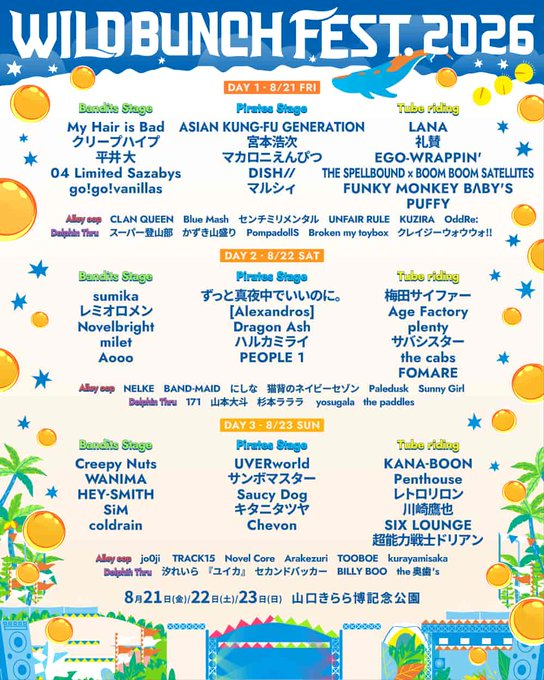sreya574's tweet photo. ⚠️まもなく配信終了
🌊WILD BUNCH FEST. 2026　 真っ最中🌊

2026年8月23日(日)  山口きらら博記念公園！ 🔥࣪

ビーバーと音楽ができる最高の日

全国から集う同じ気持ちの仲間と
"俺ら"でドームで音楽しようぜ。

 詳細はこちらより⬇️
https://t.co/ENPSTxqrJm

#ワイバン #wbf https://t.co/1H1D6c450y