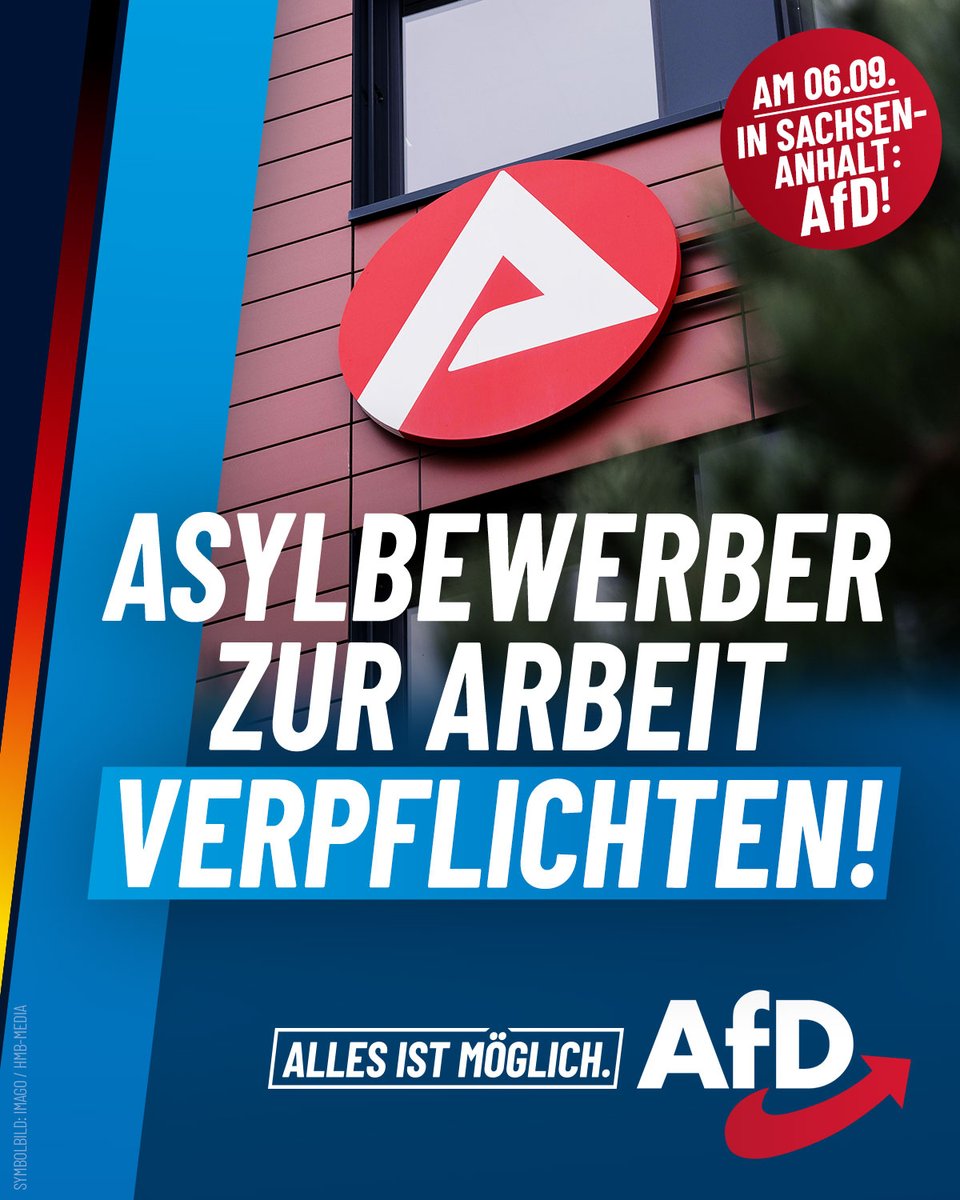 AfD's tweet photo. "Wir werden Asylbewerber zu gemeinnütziger Arbeit nach §5 Absatz 4 Asylbewerberleistungsgesetz verpflichten und im Falle einer Arbeits­verweigerung Leistungseinschränkungen vornehmen. Da eine Voraussetzung dafür die zentrale Unterbringung ist, werden wir danach streben, so viele Asylbewerber wie möglich zentral unterzubringen. Die Unterbringung im Heim muss der Regel­fall sein, die Unterbringung in Privatwoh­nungen muss die Ausnahme bleiben."

Alle Punkte unseres Regierungsprogramms können Sie hier finden: https://t.co/xOv0hfQhJs