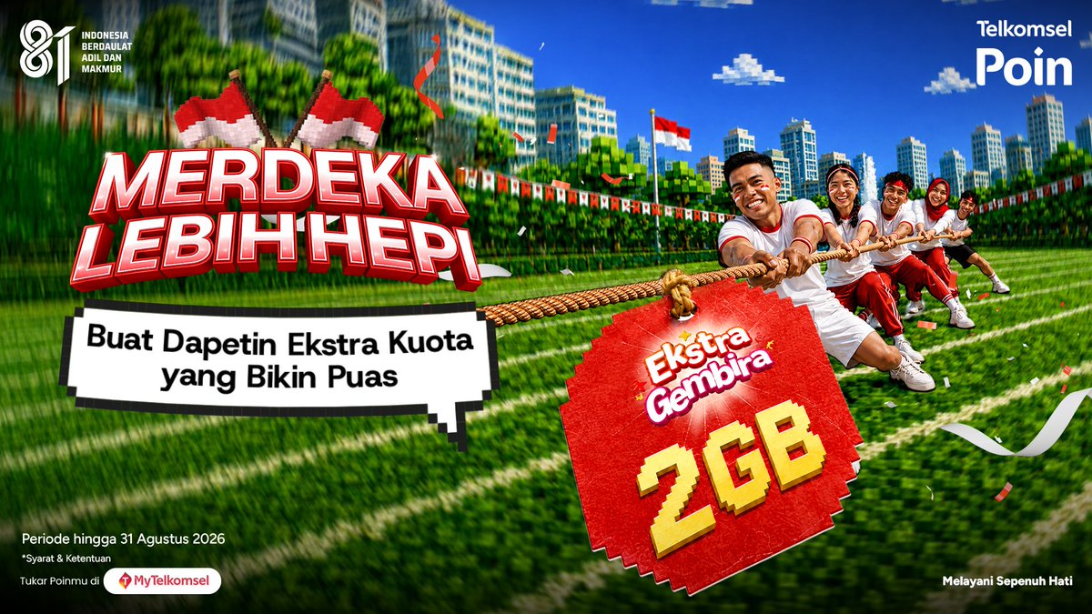 SIMPATI's tweet photo. Poin nganggur? Saatnya jadi kuota! 😎🇮🇩

Tukarkan Telkomsel Poin lewat #EkstraGembira &amp; dapetin ekstra kuota hingga 2GB buat streaming, scrolling, chatting, sampai update story sepuasnya. 📱✨

Cus tukarkan di https://t.co/Ys60TlR5Hd! ❤️
*S&amp;K berlaku. https://t.co/6hUBK5Sbqp