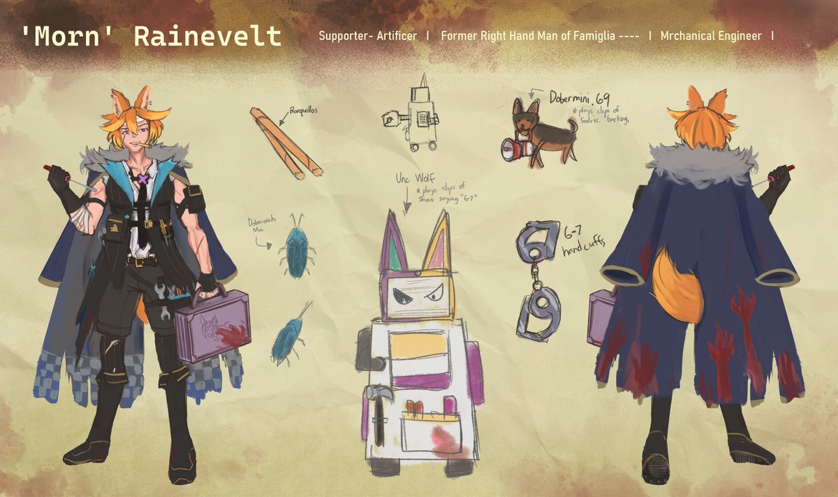 rainevelt's tweet photo. An alternate version of him, he's just a #dobersona and a denizen sona/ #denizona ^_^ 

A former member of a now-destroyed famiglia, he now works as a mechanical engineer (and sometimes a cook) for the denizens and dobermantics. https://t.co/xbpLlxJq8S