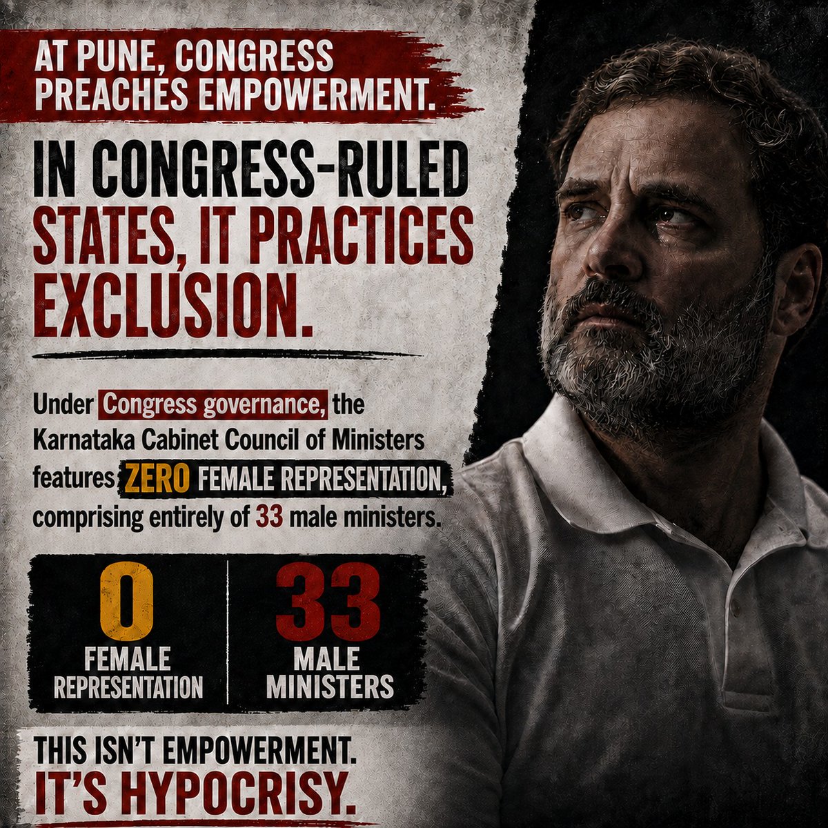 BJP4Karnataka's tweet photo. 33 Ministers. 0 Women.

That is Congress’ idea of “women’s empowerment” in Karnataka.

They preach representation everywhere else, but when it comes to sharing power, women find no place at the table.

This isn’t empowerment. It’s hypocrisy.

#CongressExposed https://t.co/T4riSizJtg