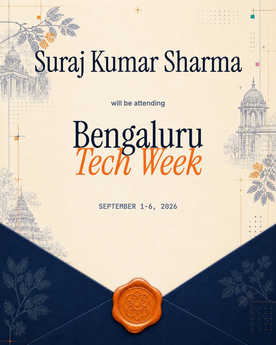 suraj_sharma14's tweet photo. I’m attending Bengaluru Tech Week 2026, a citywide week for Bengaluru’s builder community.
Join me from September 1–6.
#BLRTechWeek #BengaluruTechWeek https://t.co/5z6sEuLPxQ