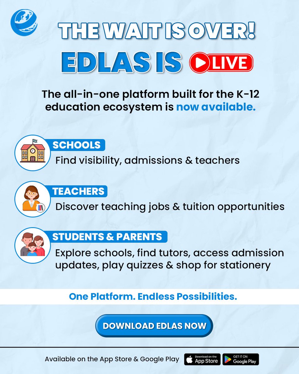 Edlas_in's tweet photo. 🚀 Edlas is LIVE!

One platform connecting Schools, Teachers, Students &amp; Parents across the K-12 education ecosystem.
🏫 Schools | 👩‍🏫 Teachers | 🎓 Students &amp; Parents

📍 Now available in Lucknow on Google Play &amp; the App Store

One Platform. Endless Possibilities.
#edlas #edtech https://t.co/5A8CF3Qg16