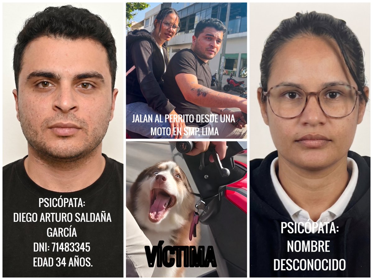 ALCOPERU's tweet photo. DATOS PARA EL ARCHIVO DE MALTRATADORES PSICÓPATAS, Q NO SE PONEN EN EL LUGAR DE UN ANIMAL INDEFENSO Y LO JALAN DESDE UNA MOTO. ASÍ LO "PASEAN".
PSICÓPATA 1: DIEGO ARTURO SALDAÑA GARCÍA
DNI: 71483345. EDAD: 34 AÑOS. PSICÓPATA 2: DESCONOCIDO. 
Alguien q aporte más datos por favor. https://t.co/Wk4HvSTirb