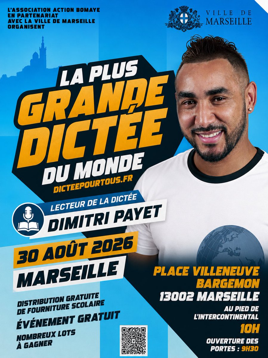 AbdellahBOUDOUR's tweet photo. 📝 @dimpayet17 sera le lecteur de la plus grande dictée du monde à Marseille !

https://t.co/gSggXHVNmZ

➡️ Rendez-vous le dimanche 30 août, à 10h Place Villeneuve Bargemon, 13002 Marseille

🌟 pour un grand moment de partage autour de l'orthographe, ouvert à tous et 100% gratuit https://t.co/y9NKATyin8