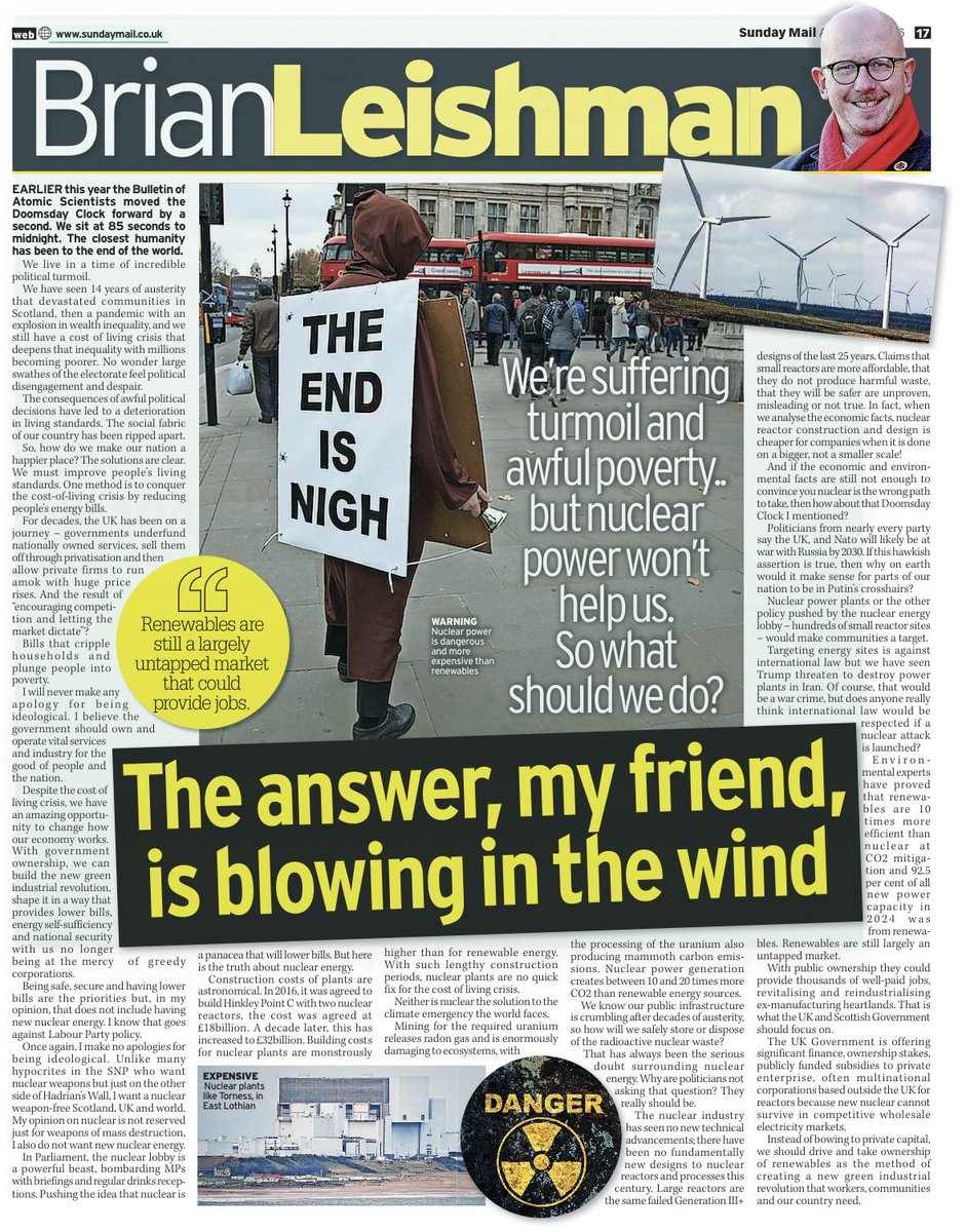 BrianLeishmanMP's tweet photo. Nuclear power is not the solution for lower energy bills…national security…or the climate crisis…

💷 plants billions over budget to build!
⏳ years behind schedule so won’t help bills anytime soon!
☢️ what about radioactive waste disposal?!

@Sunday_Mail @ScottishCND @CNDuk https://t.co/GjLgHlM5BG