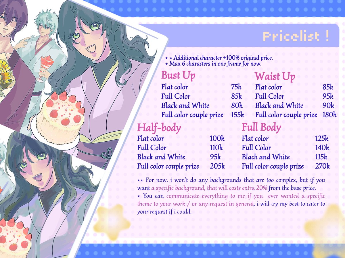 takaginkanojo's tweet photo. [ #opencommission ⤿ + ♡ are appreciated ]

Mimiw Membuka komisinya pertama kali, khusus lokal, dengan harga pembuka sementara! Pricelists ada di foto berikut ⭐️

Karena aku masih first time, jadi slot masih dibataskan hanya 3 (tiga) untuk normal dan 2 (dua) untuk chibi ya. https://t.co/hpdzxjMKUs
