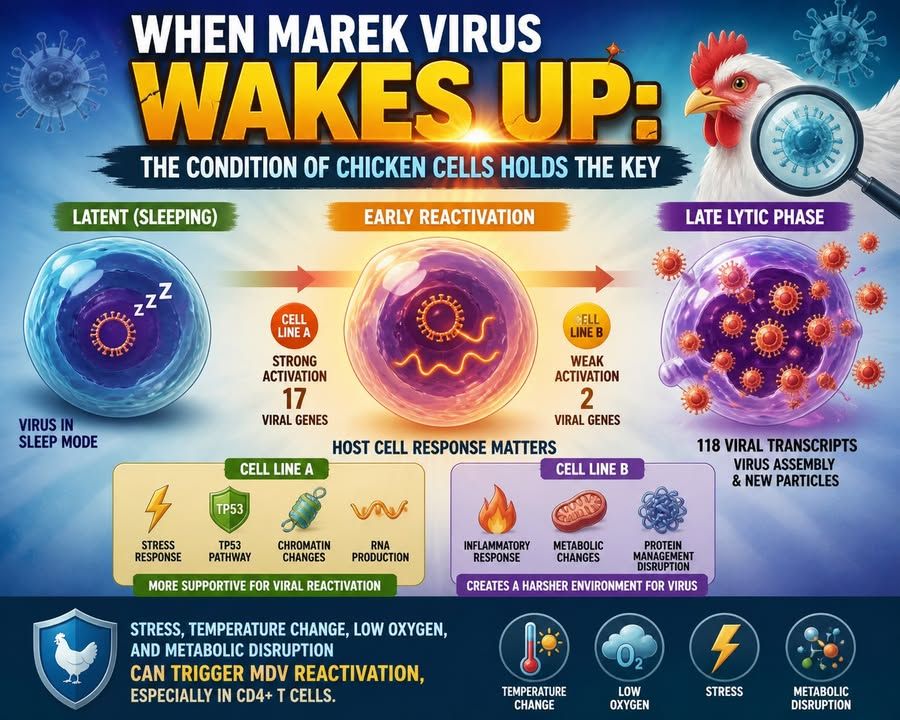 risetrenik's tweet photo. Virus Marek ternyata “tidur” berbeda di tiap sel T ayam. Saat bangun, kondisi sel—stres, suhu, oksigen, dan metabolisme—menentukan kekuatan virus. Temuan ini memberi petunjuk baru untuk mencegah penyakit Marek. #PenyakitMarek #Virologi #KesehatanUnggas https://t.co/8FES4vUbx1