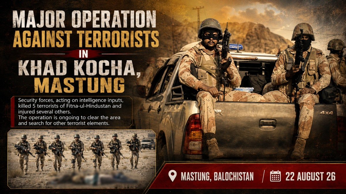 Waheedbugti124's tweet photo. کھڈ کوچہ، مستونگ میں دہشت گردوں کے خلاف بڑی کارروائی
سیکیورٹی فورسز نے خفیہ اطلاعات کی بنیاد پر کارروائی کرتے ہوئے فتنہ الہندوستان کے 5 دہشت گردوں کو ہلاک جبکہ متعدد کو زخمی کر دیا۔ علاقے کو کلیئر کرنے اور دیگر دہشت گرد عناصر کی تلاش کے لیے آپریشن بدستور جاری ہے۔ https://t.co/oBZLmVc11y
