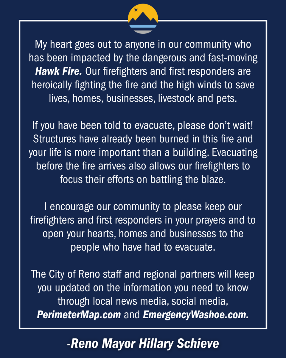 CityofReno's tweet photo. Statement on the #HawkFire from Reno Mayor Hillary Schieve.

https://t.co/ZKCrrOVMJu and https://t.co/BGi3S9FeJg for updates https://t.co/mnWpGVlL2w