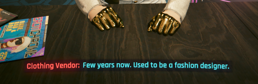 TazaPliket's tweet photo. Decided to play Cyberpunk 2077 again, and stil got a goosebump to this vendor NPC dialogue https://t.co/JfeqqyvJSM