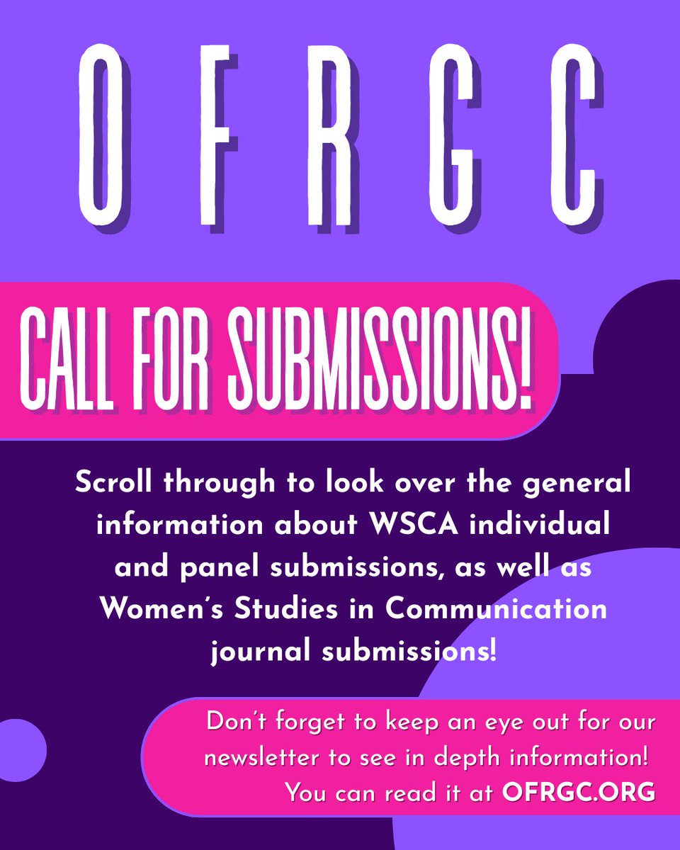 ofrgc_'s tweet photo. Hi Hello Everyone!
OFRGC is excited to provide submission details for both the 2027 WSCA in Los Angeles and the Women's Studies in Communication journal! All submissions for WSCA are due no later than September 1, 2026, by 11:59 PM PST. See the graphics for more details! https://t.co/RFJb1htD6j