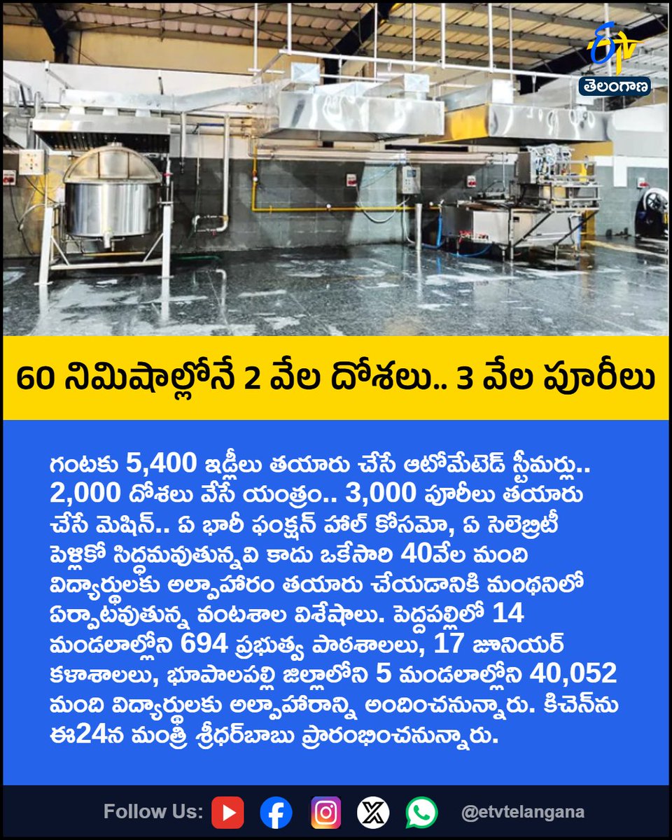 etvtelangana's tweet photo. 60 నిమిషాల్లోనే 2 వేల దోశలు.. 3 వేల పూరీలు
For More LIVE Updates Click This Link
https://t.co/J7l3k76SGA
#Manthani
#CommunityKitchen
#MidDayMeal
#StudentBreakfast
#GovernmentSchools
#Etvtgbreaking https://t.co/imYUn9foak