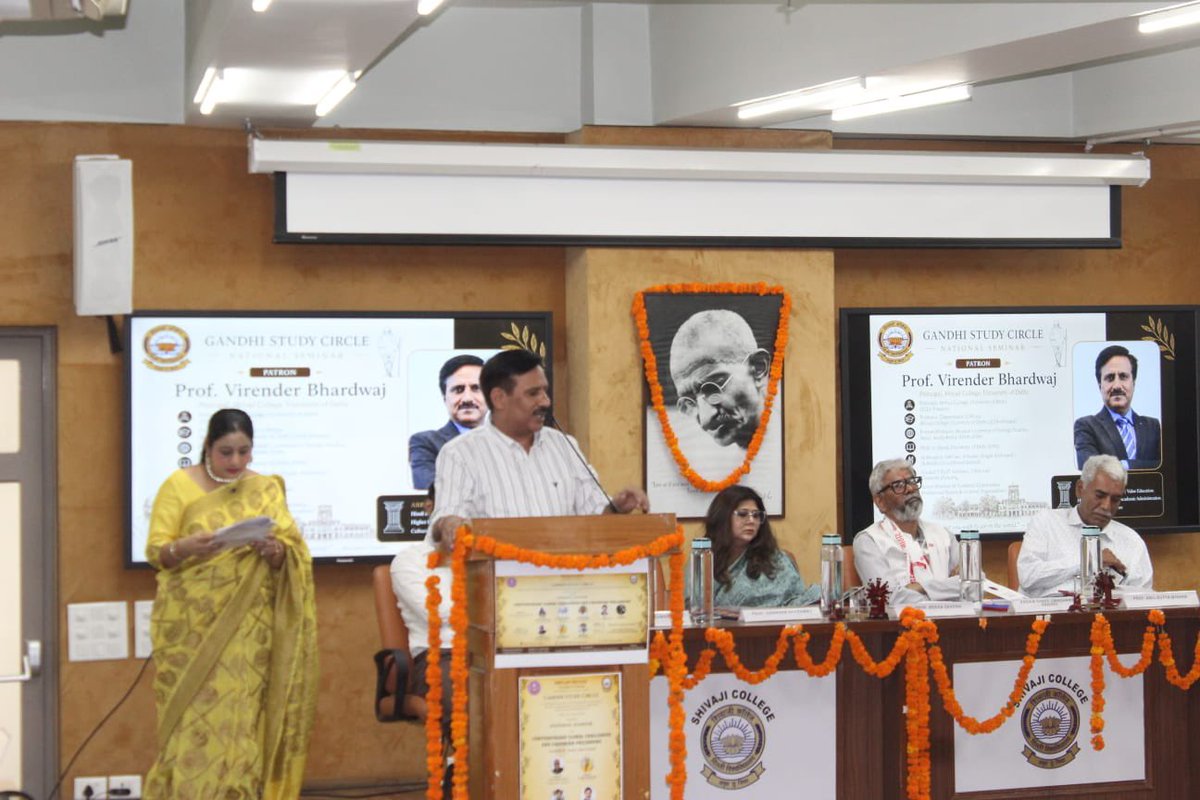 college_shivaji's tweet photo. The seminar on “Contemporary Global Challenges and Gandhian Philosophy”, organised by the Gandhi Study Circle, Shivaji College, University of Delhi, was a remarkable intellectual initiative inspired by the vision of respected Principal Prof. Virender Bhardwaj Sir. The seminar was enriched by the presence of Chief Guest Prof. Rekha Saxena, Guest of Honour Shri Umashankar Pandey (Padma Shri), and Keynote Speaker Prof. Anil Dutta Mishra, whose valuable insights deepened the discourse on Gandhi and contemporary global challenges. Principal Sir’s inspiring address beautifully connected Gandhi with contemporary society, literature and cinema. Heartfelt thanks to all organisers, speakers, students and volunteers for making the seminar memorable.