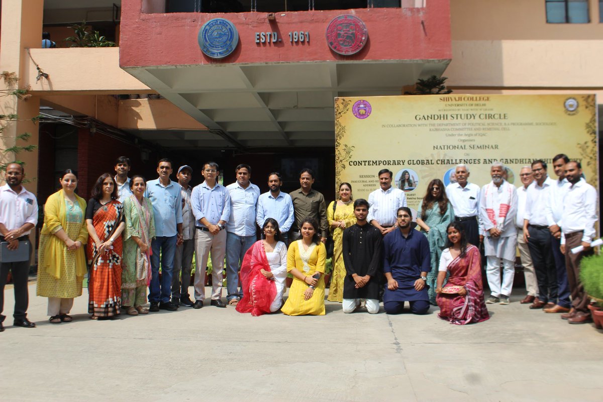 college_shivaji's tweet photo. The seminar on “Contemporary Global Challenges and Gandhian Philosophy”, organised by the Gandhi Study Circle, Shivaji College, University of Delhi, was a remarkable intellectual initiative inspired by the vision of respected Principal Prof. Virender Bhardwaj Sir. The seminar was enriched by the presence of Chief Guest Prof. Rekha Saxena, Guest of Honour Shri Umashankar Pandey (Padma Shri), and Keynote Speaker Prof. Anil Dutta Mishra, whose valuable insights deepened the discourse on Gandhi and contemporary global challenges. Principal Sir’s inspiring address beautifully connected Gandhi with contemporary society, literature and cinema. Heartfelt thanks to all organisers, speakers, students and volunteers for making the seminar memorable.
