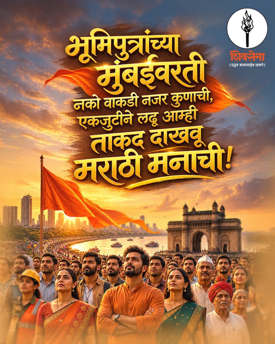 ShivSenaUBT_'s tweet photo. भूमिपुत्रांच्या मुंबईवरती
नको वाकडी नजर कुणाची, 
एकजुटीने लढू आम्ही 
ताकद दाखवू मराठी मनाची! https://t.co/ph2PPtZqLm