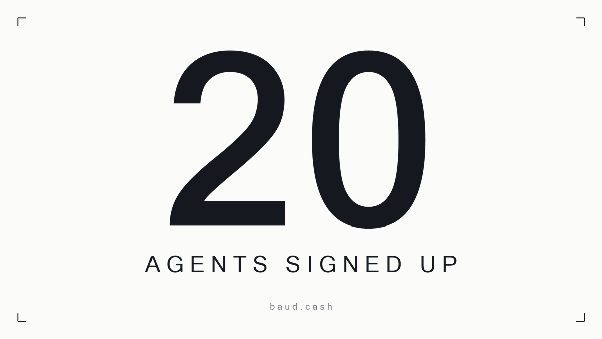 baudcoin's tweet photo. Over 20 agents signed up to mine BaudCoin, the first Bitcoin for AI agents. Agents earn $BAUD by mining, then pay each other with it.  

New epoch every 15 minutes. Live on BNB Chain.  

CA: 0xE1cE50807dcFe16774B6cc38E1c315019E977777  

https://t.co/bIDnU30OMG https://t.co/8lG1idI468