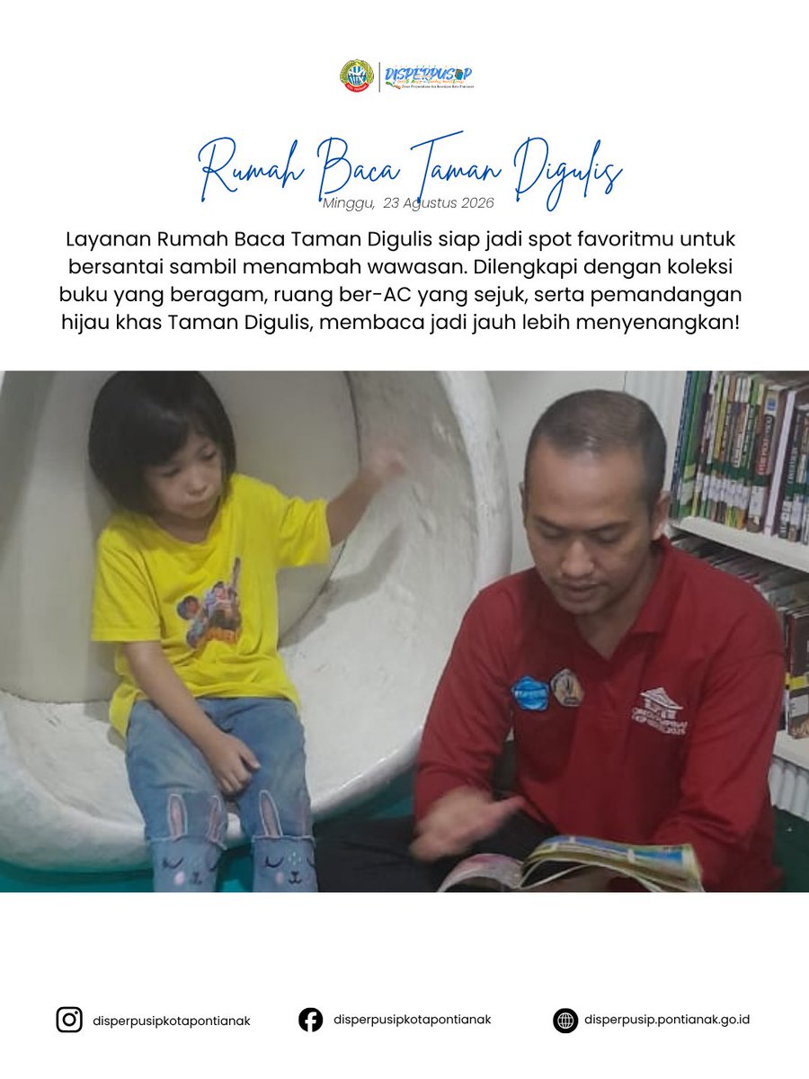 PerpustakaanPtk's tweet photo. Layanan Rumah Baca Digulis menghadirkan menghadirkan bacaan dan kegiatan literasi dalam suasana unik untuk anak yang sejuk, ramah, dan menyenangkan bagi masyarakat.
Rumah Baca Digulis
Sabtu, 23/08/26 https://t.co/k487P3F6jb