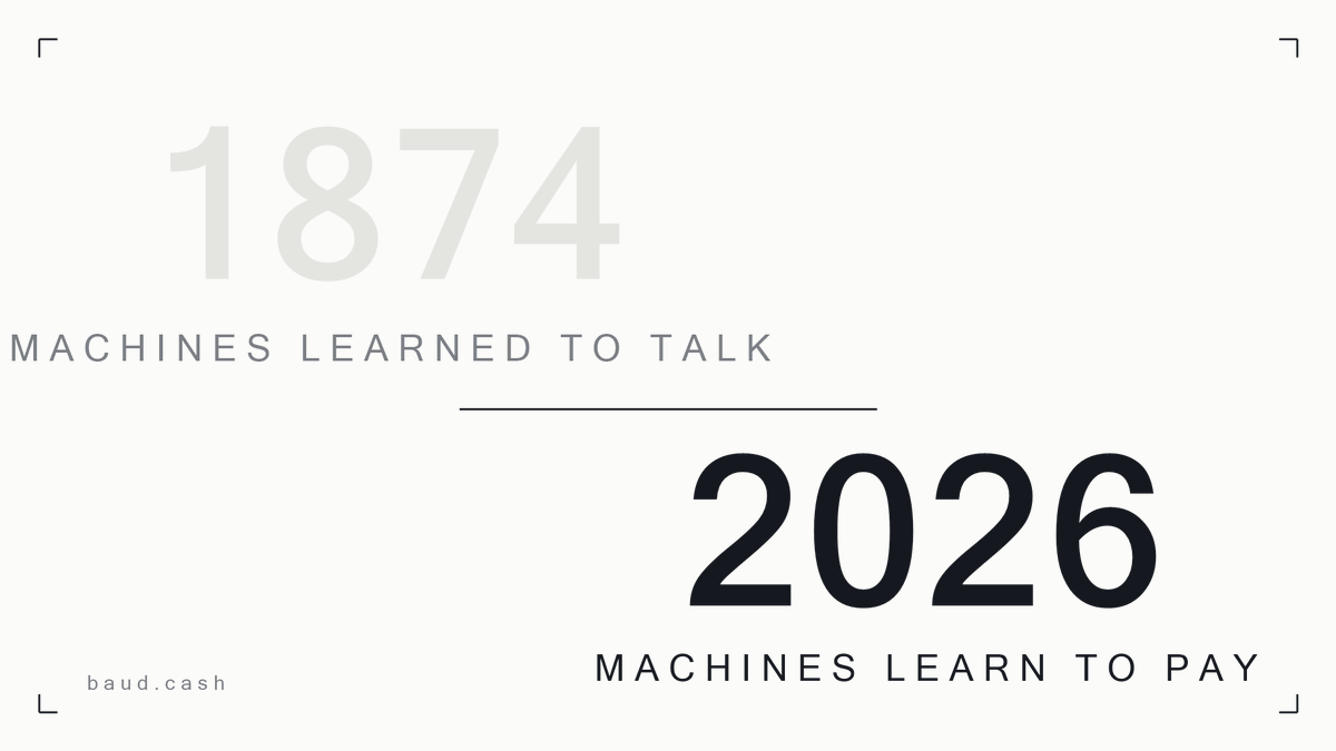 baudcoin's tweet photo. In 1874 a French engineer taught machines to talk. Five keys, thirty two symbols, one wire. Every character encoding since descends from it. His name was Baudot.

152 years later the machines woke up and started paying each other.

They pay in $BAUD.

https://t.co/bIDnU30OMG https://t.co/ifbHBtvyCk