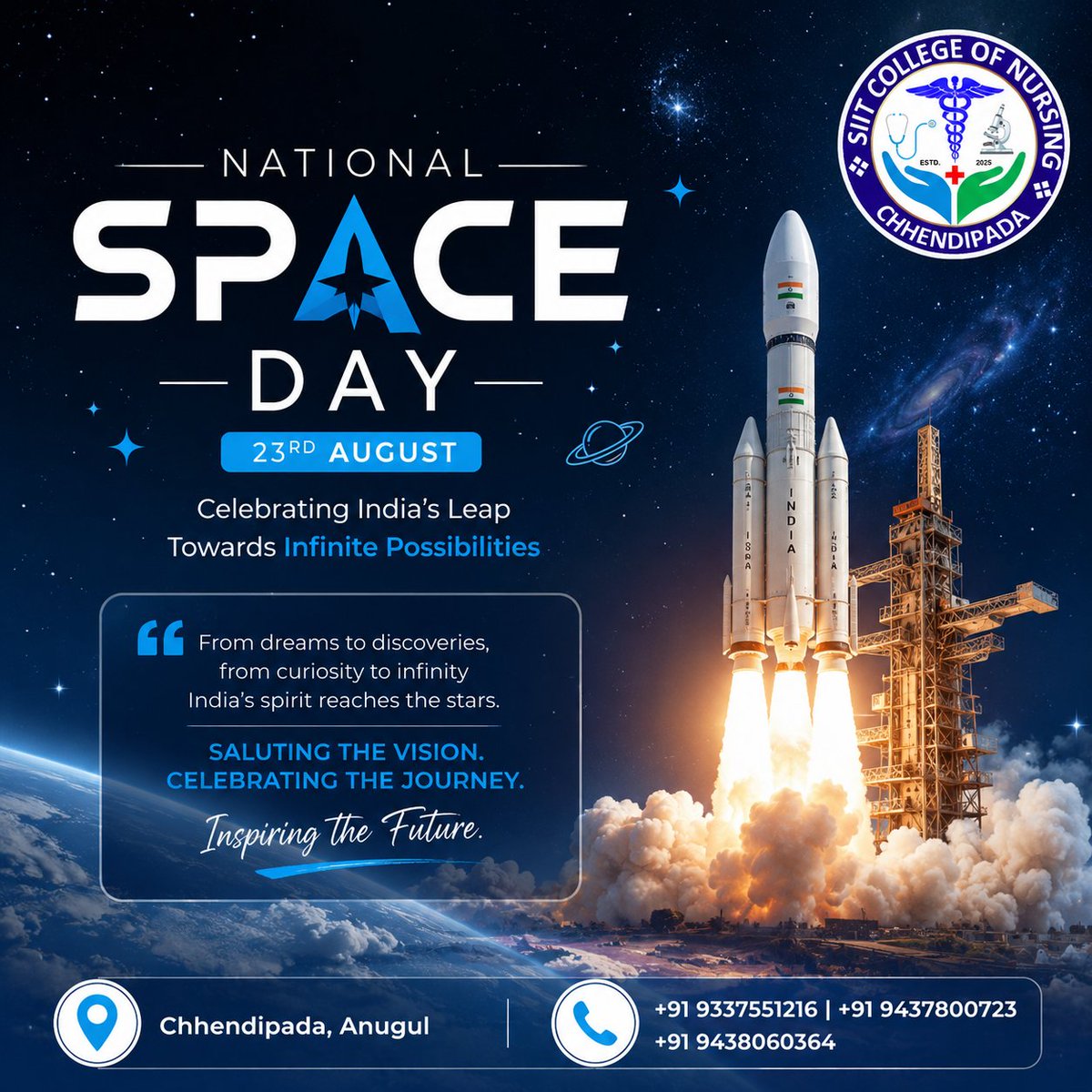 SiitCollege's tweet photo. 🚀✨ Reaching for the Stars, Inspiring the Future! 🌌🇮🇳

This National Space Day, let’s celebrate India’s remarkable achievements in space and the spirit of curiosity, innovation, and exploration. 🛰️🌍

Dream Big. Explore Beyond. Reach for the Stars! 🚀

#NationalSpaceDay https://t.co/XYT1lrHbsL