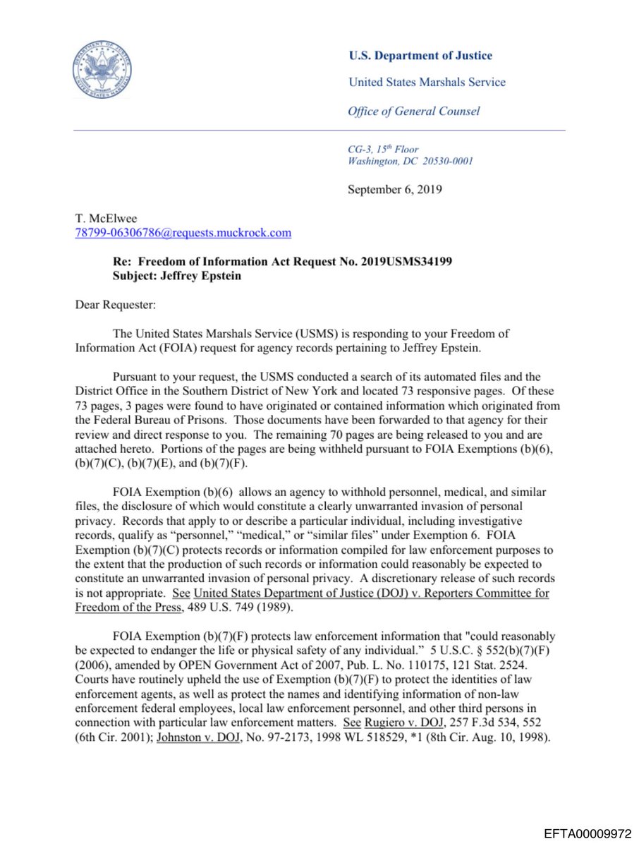 epsteinsearchin's tweet photo. U.S. Marshals searched their own files for Jeffrey Epstein and found 73 pages.

Office of General Counsel, September 6, 2019, less than a month after he died in federal custody. Three of the 73 came from the Bureau of Prisons. Portions of the rest were withheld. https://t.co/yjdyJ3p7Wn