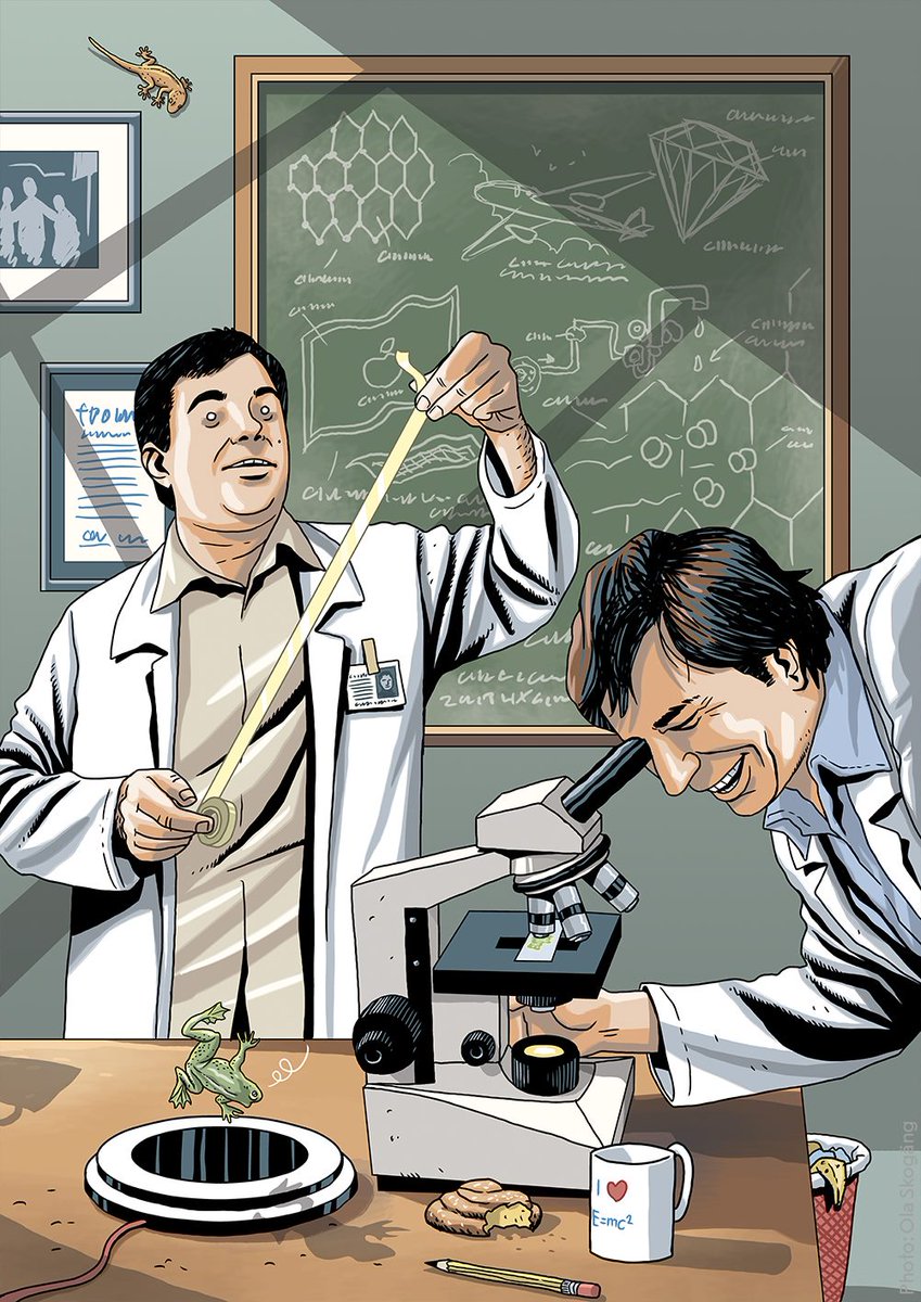 NobelPrize's tweet photo. On Fridays, laureates Konstantin Novoselov and Andre Geim used to explore things they had no time for as part of their research projects. One Friday they started experimenting with graphite and sticky tape and a new material was born – graphene. https://t.co/rSYPxlGPiP