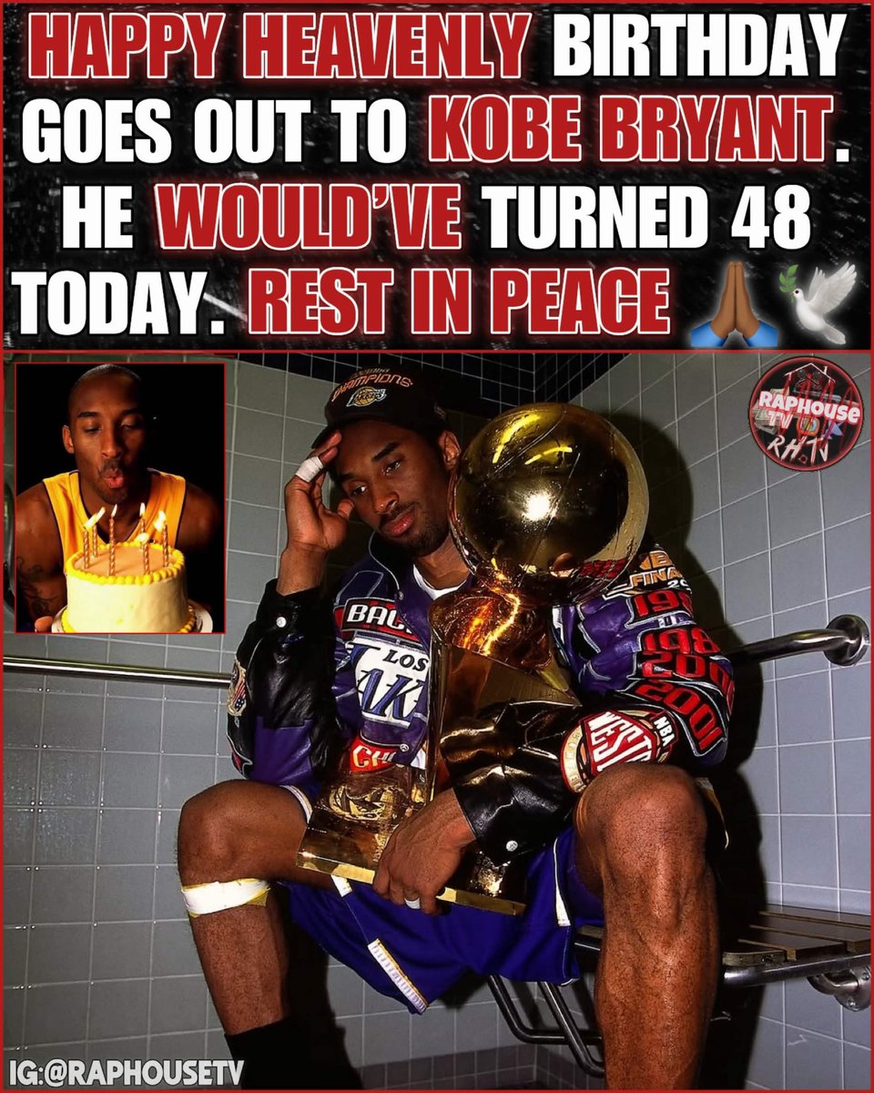 raphousetv2's tweet photo. Happy Heavenly Birthday to the Legend Kobe Bryant. He would’ve turned 48 today. Forever missed, forever remembered. 🐍💜💛🏀 RIP 🕊️ https://t.co/P1ZADYckUu