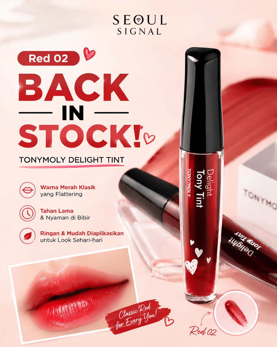 Fernand85242502's tweet photo. TONYMOLY Delight Tint Red kembali restock! Warna merah klasik yang membuat wajah lebih cerah, dengan stain tahan lama, tekstur ringan, dan nyaman dipakai sepanjang hari. Amankan sebelum sold out lagi! https://t.co/KdmUlajHC0