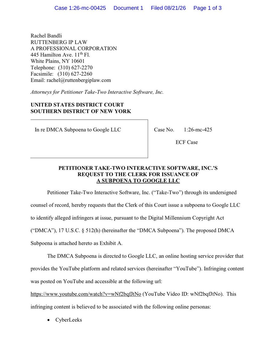 TheGameVerse's tweet photo. NEW: Take-Two is now going after Cyberleek’s suspended X account.

They’ve also subpoenaed Google to identify YouTube channels that shared the GTA 6 leaks. https://t.co/QMuMtdewEI