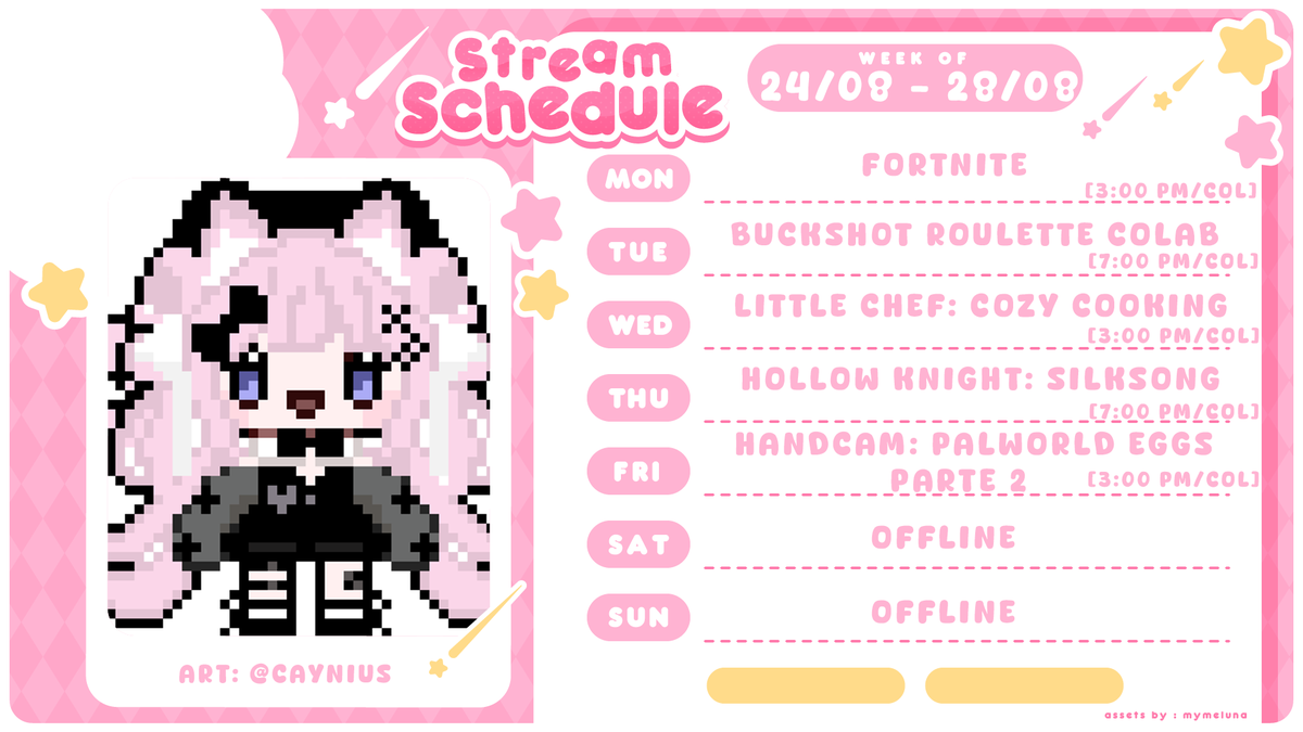 Caynius's tweet photo. 🌸Horario de la semana \(^ヮ^)/
~ 24 agosto - 28 agosto ~
🟣https://t.co/jzHiPMHsLb
Oshi Mark:✨🌸
General: #Caynius
Clips: #Caynews
Fanarts: #CayArt
NSFW: #Cayniudes
#VtuberES #twitch https://t.co/UsE09qNsmy