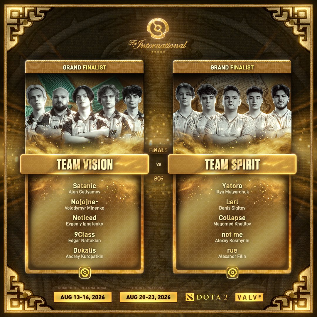 wykrhm's tweet photo. The International 2026 Grand Finals — Team Vision vs Team Spirit — 5 Games. 3 wins stand between them and eternal glory. Could not have asked for a bigger Grand Final this year. #TI15 #Dota2 https://t.co/fpxQluyExR