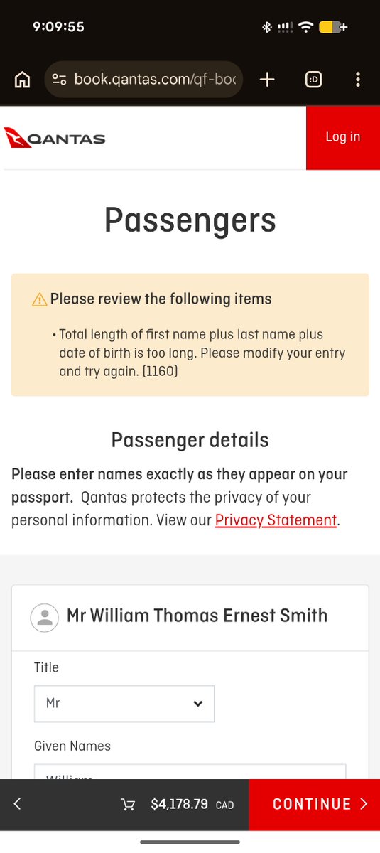 WheelSmit's tweet photo. Explain this validation rule @Qantas 
"Total length of first name plus last name plus date of birth is too long" https://t.co/s3dWc021Le