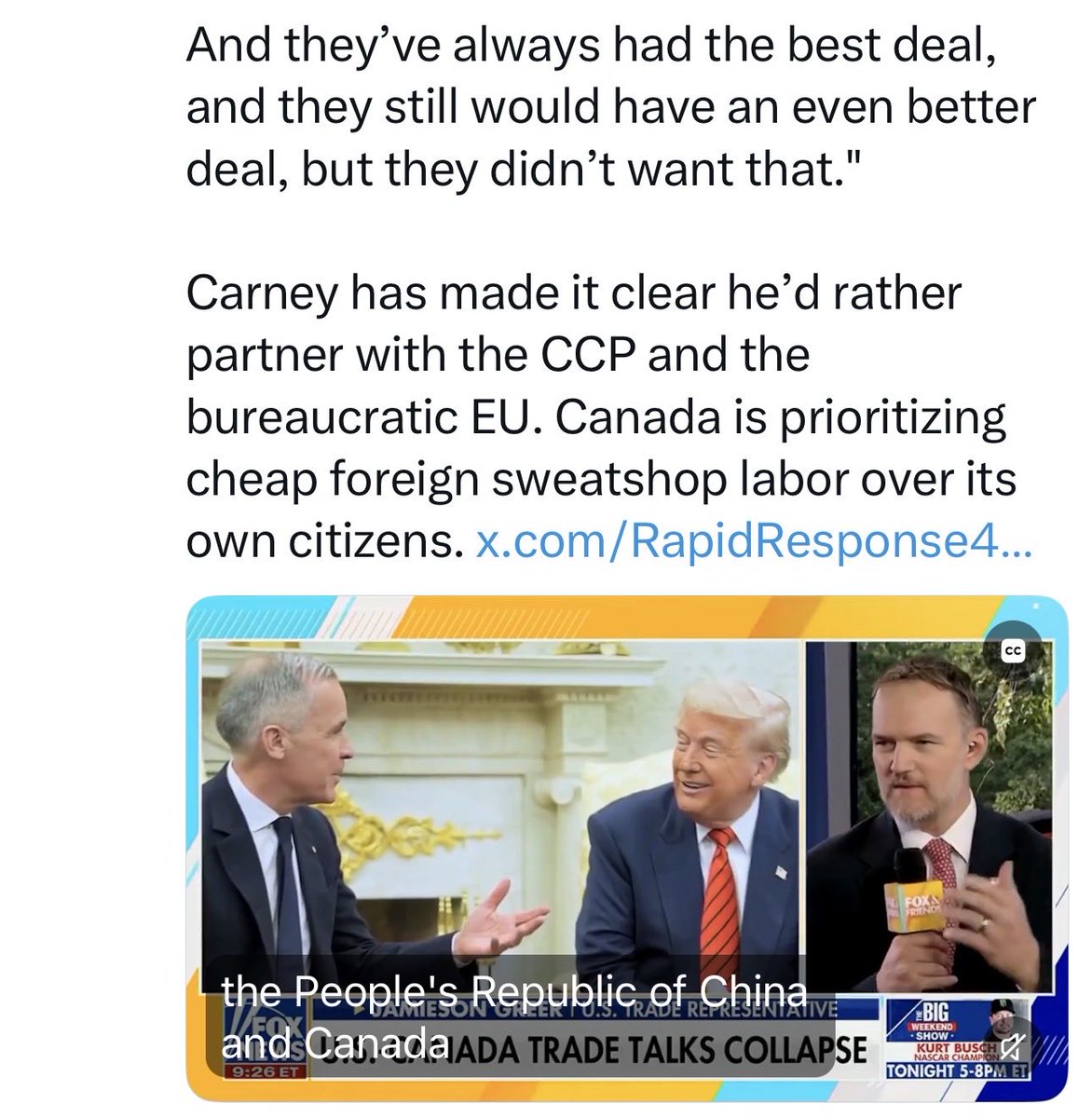 PerryBinkley's tweet photo. Carney chose China over the US. 

We the people did not choose China. 

We the people did not choose a majority for Carney. 

We the people are hungry, tired, and broke. 

Canadians want to see the deal. 

Carney better not have sold us out for the by-elections. There will be hell to pay.