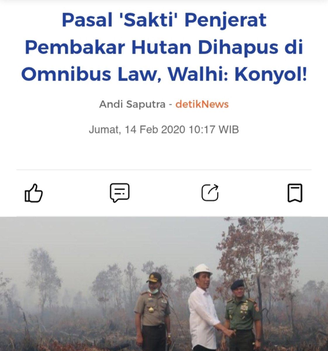 akunhewan's tweet photo. kenapa di sini mereka berani bakar hutan? karena negara malah kasih karpet merah untuk melakukan itu.

KALIAN INGAT OMNIBUS LAW??

saat itu ada demo penolakan, tapi elit2 bersekongkol dan nekat mengesahkan RUU-nya, bahkan pakai endorse influenser2 dongo.

omnibus law adalah UU sapu jagad, dg kedok mempermudah investasi, UU ini justru memberi tameng bagi perusahaan utk semakin ekspansif melakukan usaha pemanfaatan perkebunan tanpa peduli dengan lingkungan.

menurut catatan Indonesian Center for Environmental Law (ICEL), ada 454 aturan dari 76 UU yg diubah & dihapus di omnibus law, termasuk UU kehutanan, UU Perkebunan sampai UU Perlindungan dan Pengelolaan Lingkungan Hidup.

jika dirangkum #intinyadeh, omnibus law melemahkan sanksi hukum atas tindakan perusakan lingkungan, termasuk pembakaran hutan.

pemenuhan tanggung jawab mutlak oleh para pelaku pencemaran lingkungan dihapus, kewenangan PTUN untuk membatalkan izin juga dicabut, kewajiban izin lingkungan dihapus (diubah jadi persetujuan lingkungan), keterlibatan pemda utk menjatuhkan sanksi bagi pelaku kerusakan lingkungan juga dihilangkan.

berkat omnibus law, jika perusahaan bilang sudah dapat restu dari negara, maka tidak ada seorang pun yg boleh menentang. kalau ada yang menolak bisa dituduh menghambat pembangunan, dan melawan negara.

"HEY KAU ANTEK-ANTEK ASING!"