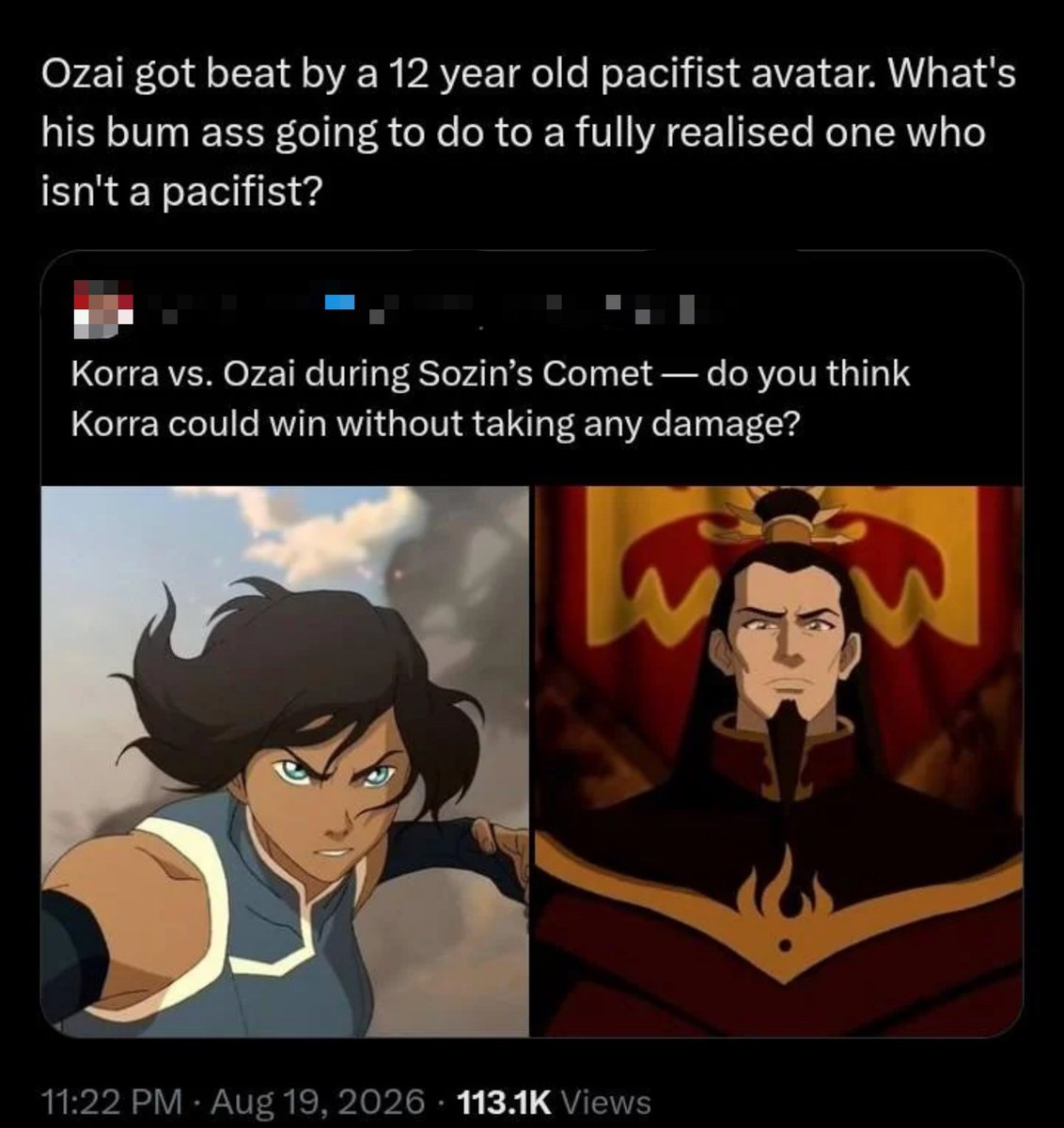 Animedaily01's tweet photo. It's funny that some people genuinely believe that Ozai is beating Korra in a fight

Do you agree with this take? https://t.co/2CHDS1obLp