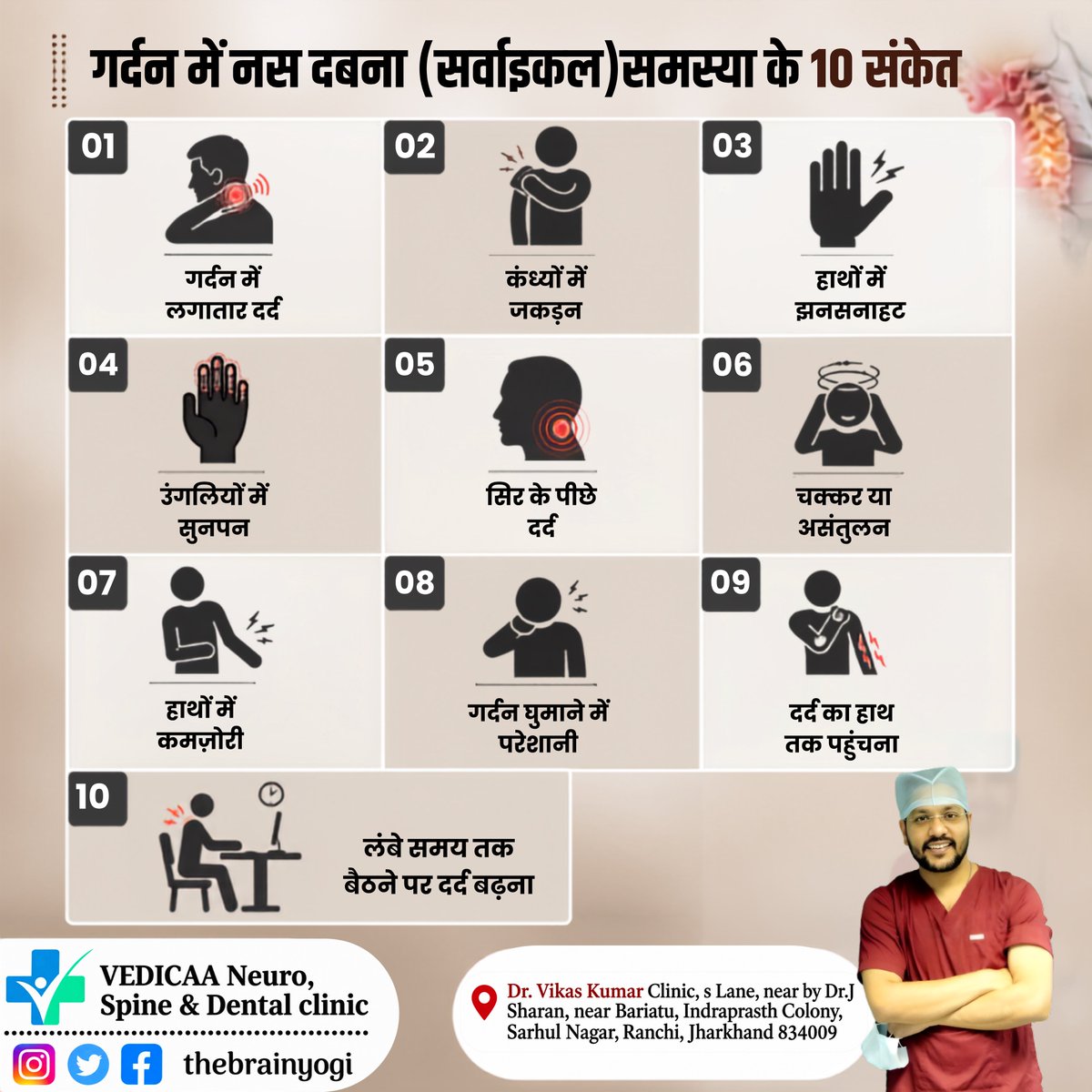thebrainyogi's tweet photo. गर्दन का दर्द सिर्फ गर्दन तक सीमित नहीं रहता। क्या आपके हाथों में झनझनाहट या कमजोरी भी महसूस होती है?

गर्दन की नस पर दबाव पड़ने की स्थिति को Cervical Radiculopathy (सर्वाइकल रेडिकुलोपैथी) कहा जाता है। इसमें दर्द या परेशानी गर्दन से शुरू होकर कंधे, हाथ और कभी-कभी उंगलियों तक भी महसूस हो सकती है।

इसके कुछ सामान्य संकेतों में शामिल हैं:

1. गर्दन में लगातार दर्द
2. कंधों में जकड़न
3. हाथों में झनझनाहट या सुन्नपन
4. उंगलियों में सुन्नपन
5. सिर के पीछे दर्द
6. चक्कर या असंतुलन
7. हाथों में कमजोरी
8. गर्दन घुमाने में परेशानी
9. दर्द का हाथ तक पहुंचना
10. लंबे समय तक बैठने पर दर्द बढ़ना

हर गर्दन का दर्द सर्वाइकल रेडिकुलोपैथी नहीं होता, लेकिन अगर दर्द के साथ हाथ में सुन्नपन, झनझनाहट या कमजोरी लगातार बनी रहती है, तो इसे नज़रअंदाज़ नहीं करना चाहिए।
खासकर लंबे समय तक एक ही posture में बैठने, काम करने या स्क्रीन देखने की आदतों के कारण गर्दन पर अनावश्यक strain पड़ सकता है।

अगर आपको ऐसे लक्षण बार-बार या लगातार महसूस हो रहे हैं, तो उचित चिकित्सकीय मूल्यांकन करवाना बेहतर है। सही कारण की पहचान के बाद ही उचित उपचार तय किया जा सकता है।

डॉ. विकास कुमार
न्यूरोसर्जन एवं ब्रेन-स्पाइन विशेषज्ञ

#HealthTips