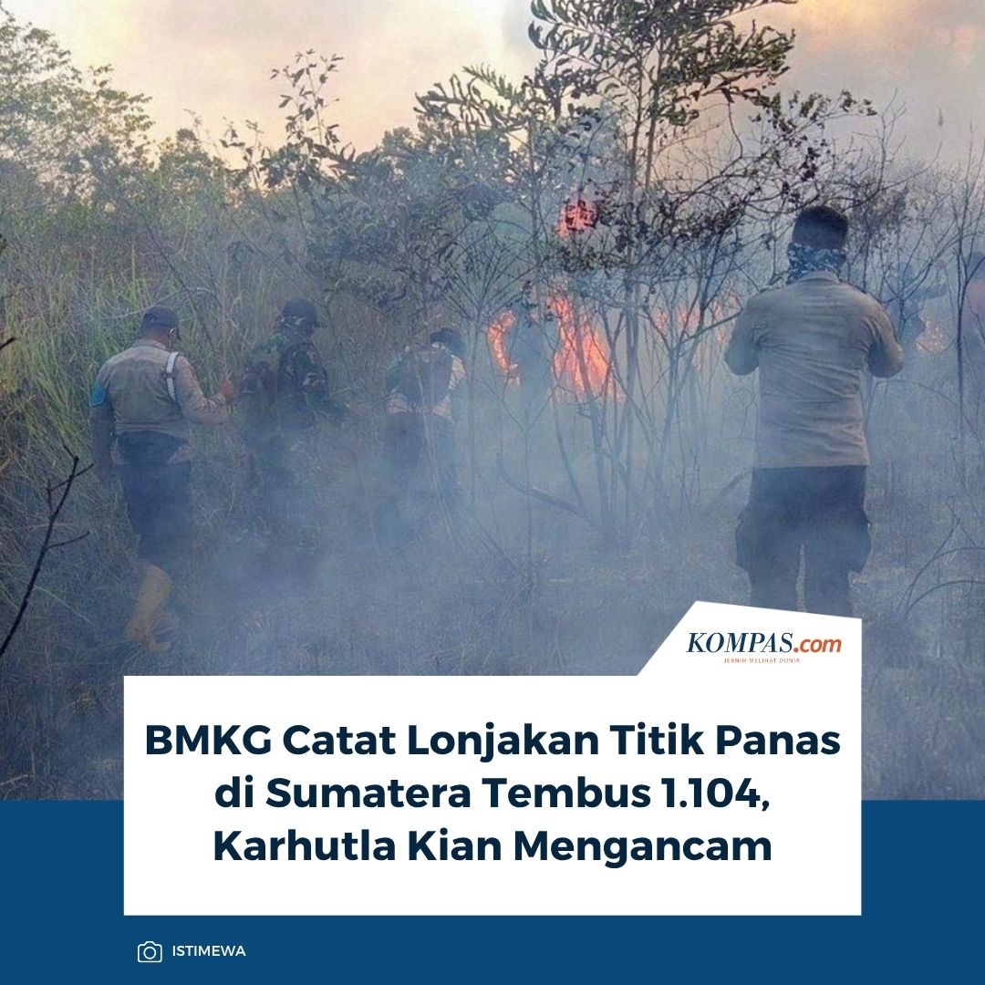 kompascom's tweet photo. (Berita selengkapnya cek IG Stories @kompascom)

BMKG Stasiun Pekanbaru mendeteksi 1.104 titik panas atau hotspot di Pulau Sumatera berdasarkan data Sabtu (22/8/2026) pukul 07.00 WIB. Sumatera Selatan menjadi wilayah dengan hotspot terbanyak, mencapai 528 titik.

Sebaran hotspot di Sumatera:
• Sumatera Selatan: 528 titik
• Bangka Belitung: 221 titik
• Lampung: 98 titik
• Riau: 97 titik
• Jambi: 83 titik
• Kepulauan Riau: 34 titik
• Bengkulu: 19 titik
• Aceh: 13 titik
• Sumatera Utara: 9 titik
• Sumatera Barat: 5 titik

Khusus Riau, hotspot tersebar di sejumlah kabupaten/kota. Pelalawan menjadi wilayah dengan jumlah tertinggi, yakni 71 titik, disusul Indragiri Hilir 8 titik, Kampar 4 titik, Indragiri Hulu 3 titik, Dumai 3 titik, Kepulauan Meranti 2 titik, Bengkalis 2 titik, Rokan Hulu 2 titik, dan Kuantan Singingi 1 titik.

Sementara itu, kebakaran lahan di Riau dalam beberapa hari terakhir telah menghanguskan lebih dari 700 hektare. Kebakaran terluas tercatat di Indragiri Hulu mencapai 434 hektare dan Pelalawan 300 hektare.

Penulis: Wahyu Wachid Anshory
Editor: Wahyu Wachid Anshory

#Karhutla #Sumatera #Peristiwa