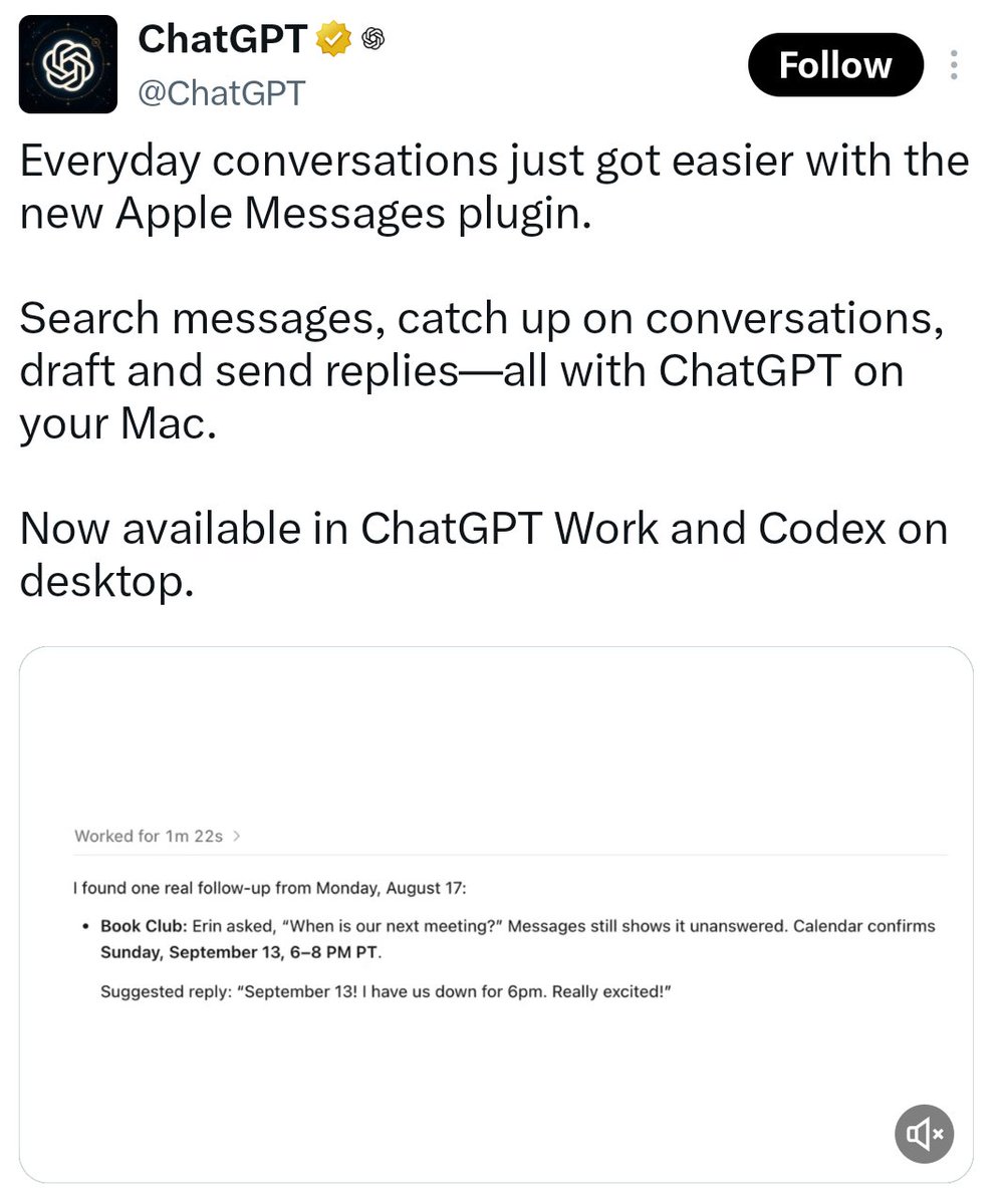 LuizaJarovsky's tweet photo. 🚨 IMPORTANT: OpenAI has partnered with Apple, and through this new plugin, it will be able to access a user's entire message history and send texts on their behalf. People who want to reduce their privacy risk (and keep their agency!) should probably avoid this plugin. Also, a reminder that your contacts might have enabled this plugin, so some of you might prefer to stop using iMessage altogether. Protecting privacy has just gotten harder.