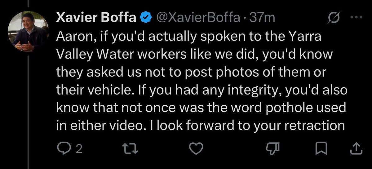 BrentHodgson's tweet photo. So, let me get this straight:

✅ Spoke to Yarra Valley Water on site
✅ KNEW it was a burst water main
✅ STILL linked the problem to “funding for road maintenance” - ignoring the information received?
✅ STILL posted the unbranded front of the vehicle in his own video to his own account, ignoring the request?
✅ STILL posted footage of one of the workers on site - again, ignoring the request?
✅ Claims the word “pothole” wasn’t used - throwing @JohnPesutto (who did use the word) under the proverbial bus.

I suppose it’s lucky a “bus or private vehicle” didn’t fall into these gaping holes either. 

“If you had any integrity…” 🤦🏻‍♂️

https://t.co/YIi6zeFyOH