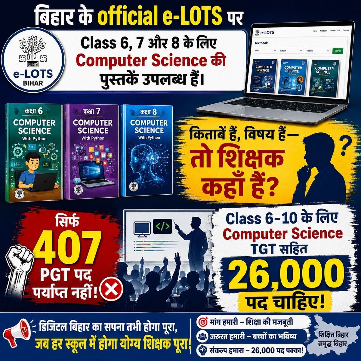 sourav_kc98's tweet photo. CS और AI University बनाना भविष्य की अच्छी पहल है, लेकिन भविष्य के लिए तैयार बच्चे कहाँ से आएंगे?

पहले स्कूल स्तर पर Computer Science को मजबूत कीजिए। Class 6–10 के लिए CS और TRE-4 में TGT पद दीजिए।
@samrat4bjp  @BiharEducation_
#ComputerScienceTGTinTRE4 https://t.co/hQSrk8Pqzk