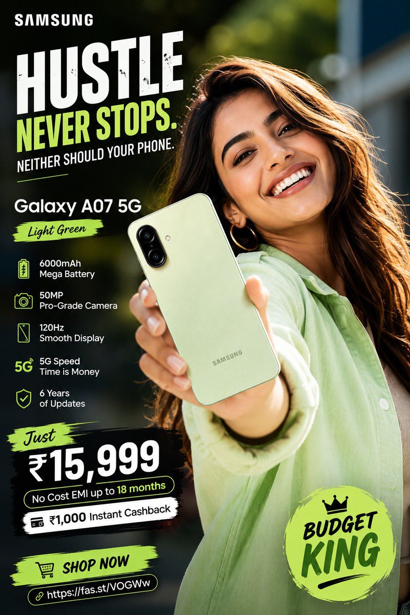 RonaldNathan786's tweet photo. Real wealth isn't spending big it's spending smart! 💡

Samsung Galaxy A07 5G in Light Green.

6000mAh battery
50MP camera
120Hz display
5G speed
6 years of updates

₹15,999 | No Cost EMI | ₹1,000 cashback
Limited stock. Link in bio.
#GalaxyA07 #SamsungIndia #SmartMoneyMoves https://t.co/WCxCVE42JC