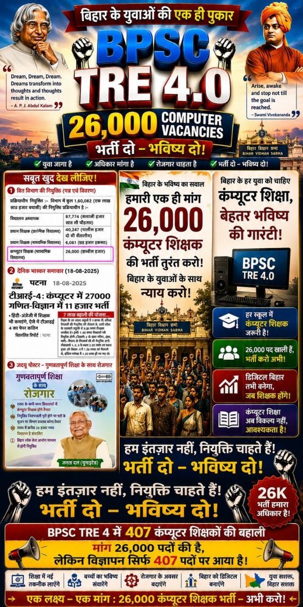 AbhishekRaj2398's tweet photo. CS और AI University बनाना भविष्य की अच्छी पहल है, लेकिन भविष्य के लिए तैयार बच्चे कहाँ से आएंगे?

पहले स्कूल स्तर पर Computer Science को मजबूत कीजिए। Class 6–10 के लिए CS और TRE-4 में TGT पद दीजिए।
@samrat4bjp @mkrtiwari_bjp @BiharEducation_
#ComputerScienceTGTinTRE4 https://t.co/Yz8aWXUJME