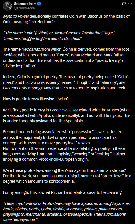 HammerandVajra's tweet photo. Taking either of these two obvious paid stooge grifters (Brahmin / Spencer) and their insults towards Odin, Germanic peoples, and their abuse of Apollo seriously is a mistake. 
Thinking they are dangerous subversives and possibly existing as some psyop to cause dissent, divisions, or even worse things...Sure, I can see that. 
But taking any of their interpretations of myths, history, religion, or genetics seriously? Nah.

https://t.co/mKrhZzzM6t