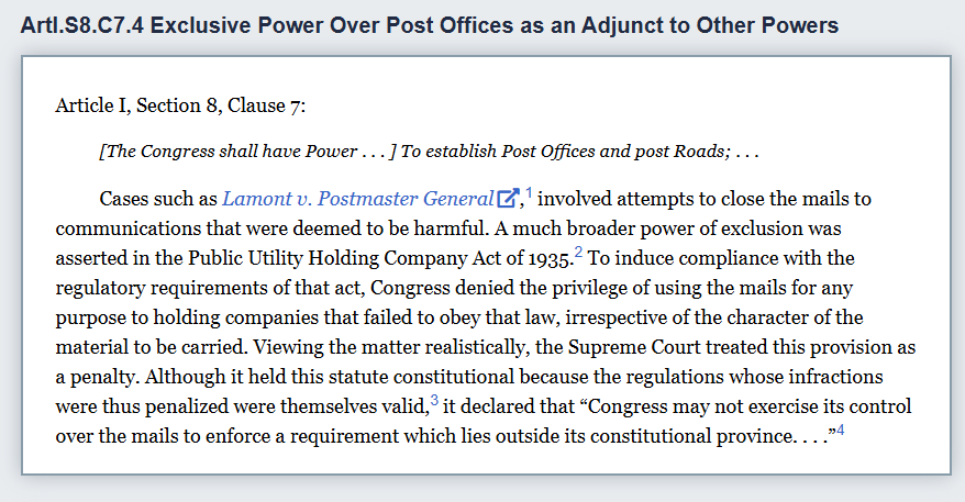 sdonelan's tweet photo. @joshgerstein Article I of the constitution gives Congress (not the President) the EXCLUSIVE power over Post Offices and postal operations.  Congress has exercised its power defining postal laws. https://t.co/NNBXYJdhK7
